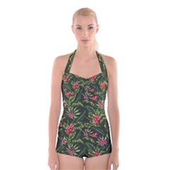 Tropical Flowers Boyleg Halter Swimsuit  by goljakoff