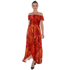 Colorful Strawberries At Market Display 1 Off Shoulder Open Front Chiffon Dress