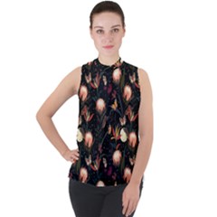 Seamless Garden Pattern Mock Neck Chiffon Sleeveless Top by designsbymallika