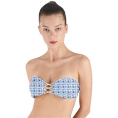 Blue Floral Pattern Twist Bandeau Bikini Top by MintanArt