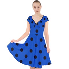 Large Black Polka Dots On Absolute Zero Blue - Cap Sleeve Front Wrap Midi Dress by FashionLane