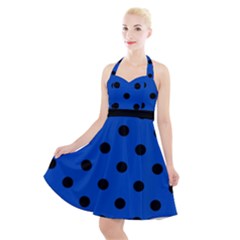 Large Black Polka Dots On Absolute Zero Blue - Halter Party Swing Dress  by FashionLane