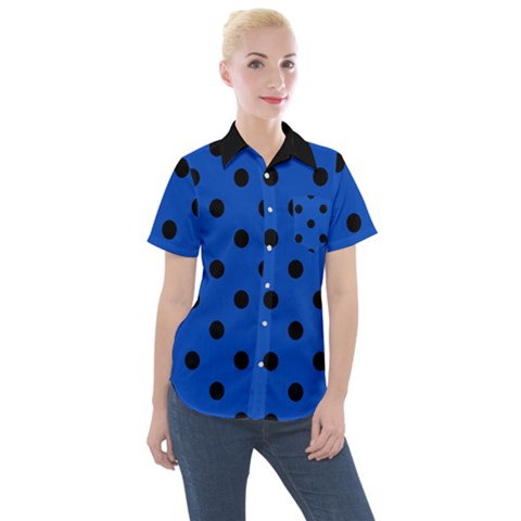 Large Black Polka Dots On Absolute Zero Blue - Women s Short Sleeve Pocket Shirt by FashionLane