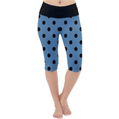 Large Black Polka Dots On Air Force Blue - Lightweight Velour Cropped Yoga Leggings by FashionLane