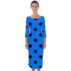 Large Black Polka Dots On Azure Blue - Quarter Sleeve Midi Bodycon Dress by FashionLane