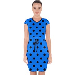 Large Black Polka Dots On Azure Blue - Capsleeve Drawstring Dress  by FashionLane