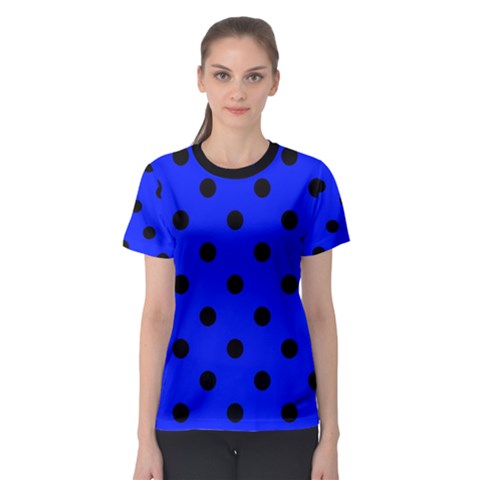 Large Black Polka Dots On Just Blue - Women s Sport Mesh Tee by FashionLane