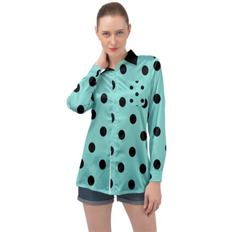 Large Black Polka Dots On Tiffany Blue - Long Sleeve Satin Shirt by FashionLane