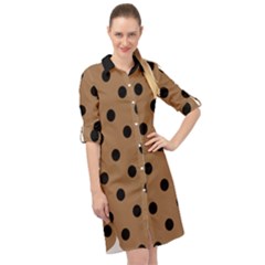 Large Black Polka Dots On Bone Brown - Long Sleeve Mini Shirt Dress by FashionLane