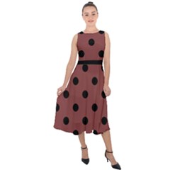 Large Black Polka Dots On Brandy Brown - Midi Tie-back Chiffon Dress by FashionLane