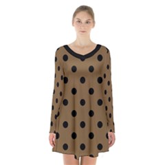 Large Black Polka Dots On Coyote Brown - Long Sleeve Velvet V-neck Dress by FashionLane