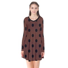 Large Black Polka Dots On Emperador Brown - Long Sleeve V-neck Flare Dress by FashionLane