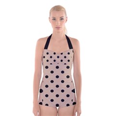 Large Black Polka Dots On Toasted Almond Brown - Boyleg Halter Swimsuit  by FashionLane