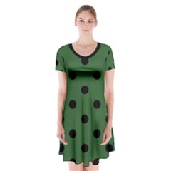 Large Black Polka Dots On Basil Green - Short Sleeve V-neck Flare Dress by FashionLane