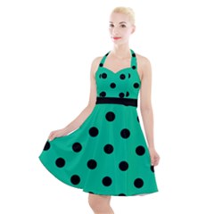 Large Black Polka Dots On Caribbean Green - Halter Party Swing Dress  by FashionLane