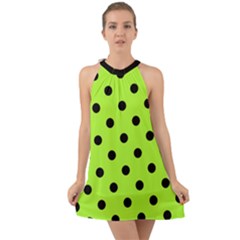 Large Black Polka Dots On Chartreuse Green - Halter Tie Back Chiffon Dress by FashionLane