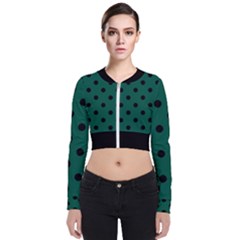 Large Black Polka Dots On Christmas Green - Long Sleeve Zip Up Bomber Jacket