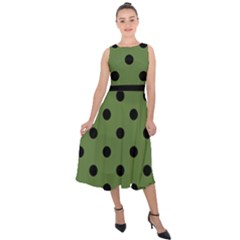 Large Black Polka Dots On Crocodile Green - Midi Tie-back Chiffon Dress by FashionLane