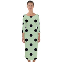 Large Black Polka Dots On Tea Green - Quarter Sleeve Midi Bodycon Dress by FashionLane