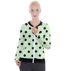 Large Black Polka Dots On Tea Green - Casual Zip Up Jacket by FashionLane
