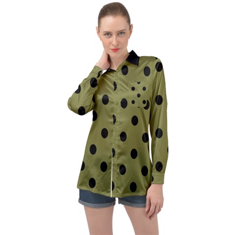 Large Black Polka Dots On Woodbine Green - Long Sleeve Satin Shirt by FashionLane