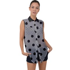 Large Black Polka Dots On Battleship Grey - Sleeveless Chiffon Button Shirt