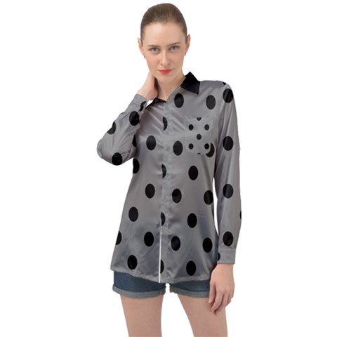 Large Black Polka Dots On Battleship Grey - Long Sleeve Satin Shirt by FashionLane