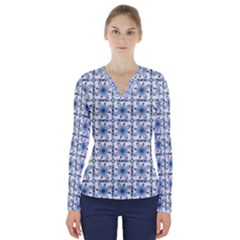 Azulejo Style Blue Tiles V-neck Long Sleeve Top by MintanArt