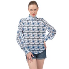 Azulejo Style Blue Tiles High Neck Long Sleeve Chiffon Top by MintanArt