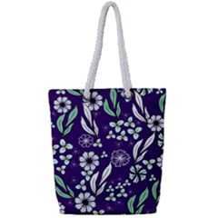 Floral Blue Pattern  Full Print Rope Handle Tote (small) by MintanArt