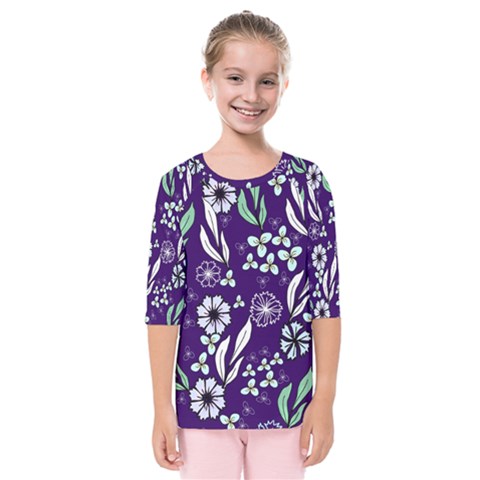 Floral Blue Pattern  Kids  Quarter Sleeve Raglan Tee by MintanArt