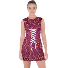 Golden Red Pattern Lace Up Front Bodycon Dress by designsbymallika