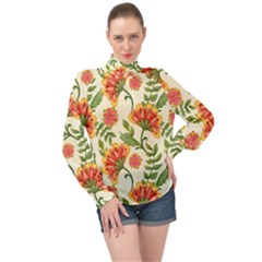 Orange Flowers High Neck Long Sleeve Chiffon Top