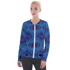 Blue Golden Marble Print Velvet Zip Up Jacket by designsbymallika
