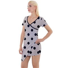 Large Black Polka Dots On Pale Grey - Short Sleeve Asymmetric Mini Dress by FashionLane