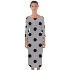 Large Black Polka Dots On Silver Cloud Grey - Quarter Sleeve Midi Bodycon Dress by FashionLane