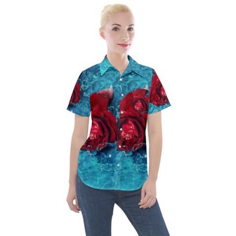 Red Roses In Water Women s Short Sleeve Pocket Shirt by Audy
