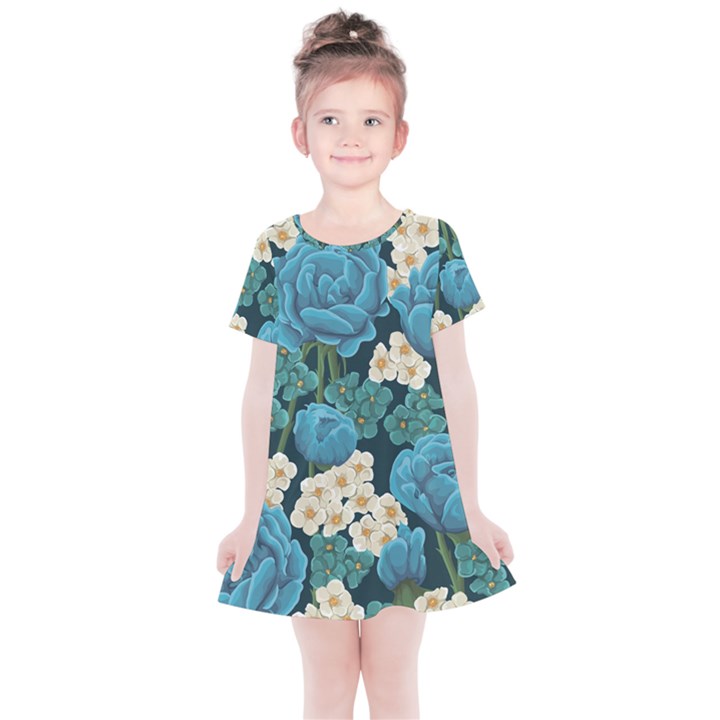 Blue roses Kids  Simple Cotton Dress