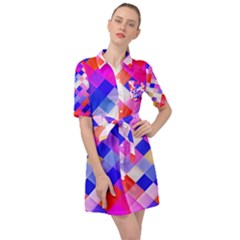 Squares Pattern Geometric Seamless Belted Shirt Dress