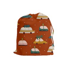 Cute Merry Christmas And Happy New Seamless Pattern With Cars Carrying Christmas Trees Drawstring Pouch (large) by EvgeniiaBychkova