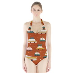 Cute Merry Christmas And Happy New Seamless Pattern With Cars Carrying Christmas Trees Halter Swimsuit by EvgeniiaBychkova