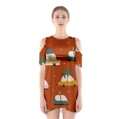 Cute Merry Christmas And Happy New Seamless Pattern With Cars Carrying Christmas Trees Shoulder Cutout One Piece Dress by EvgeniiaBychkova