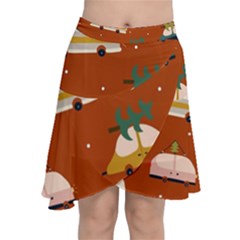 Cute Merry Christmas And Happy New Seamless Pattern With Cars Carrying Christmas Trees Chiffon Wrap Front Skirt by EvgeniiaBychkova