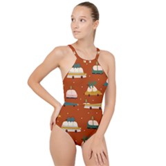 Cute Merry Christmas And Happy New Seamless Pattern With Cars Carrying Christmas Trees High Neck One Piece Swimsuit by EvgeniiaBychkova