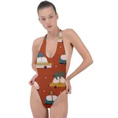 Cute Merry Christmas And Happy New Seamless Pattern With Cars Carrying Christmas Trees Backless Halter One Piece Swimsuit by EvgeniiaBychkova