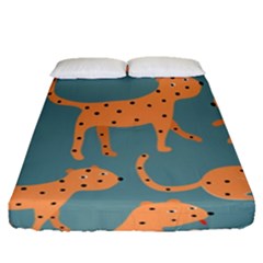 Vector Seamless Pattern With Cute Orange And  Cheetahs On The Blue Background  Tropical Animals Fitted Sheet (queen Size) by EvgeniiaBychkova