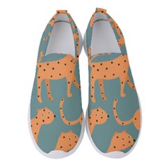 Vector Seamless Pattern With Cute Orange And  Cheetahs On The Blue Background  Tropical Animals Women s Slip On Sneakers by EvgeniiaBychkova