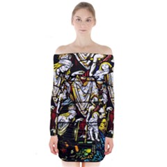 Christian Window Glass Art Print Long Sleeve Off Shoulder Dress by dflcprintsclothing