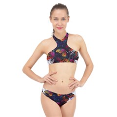 Butterfly Floral Pattern High Neck Bikini Set