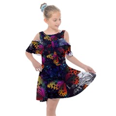 Butterfly Floral Pattern Kids  Shoulder Cutout Chiffon Dress